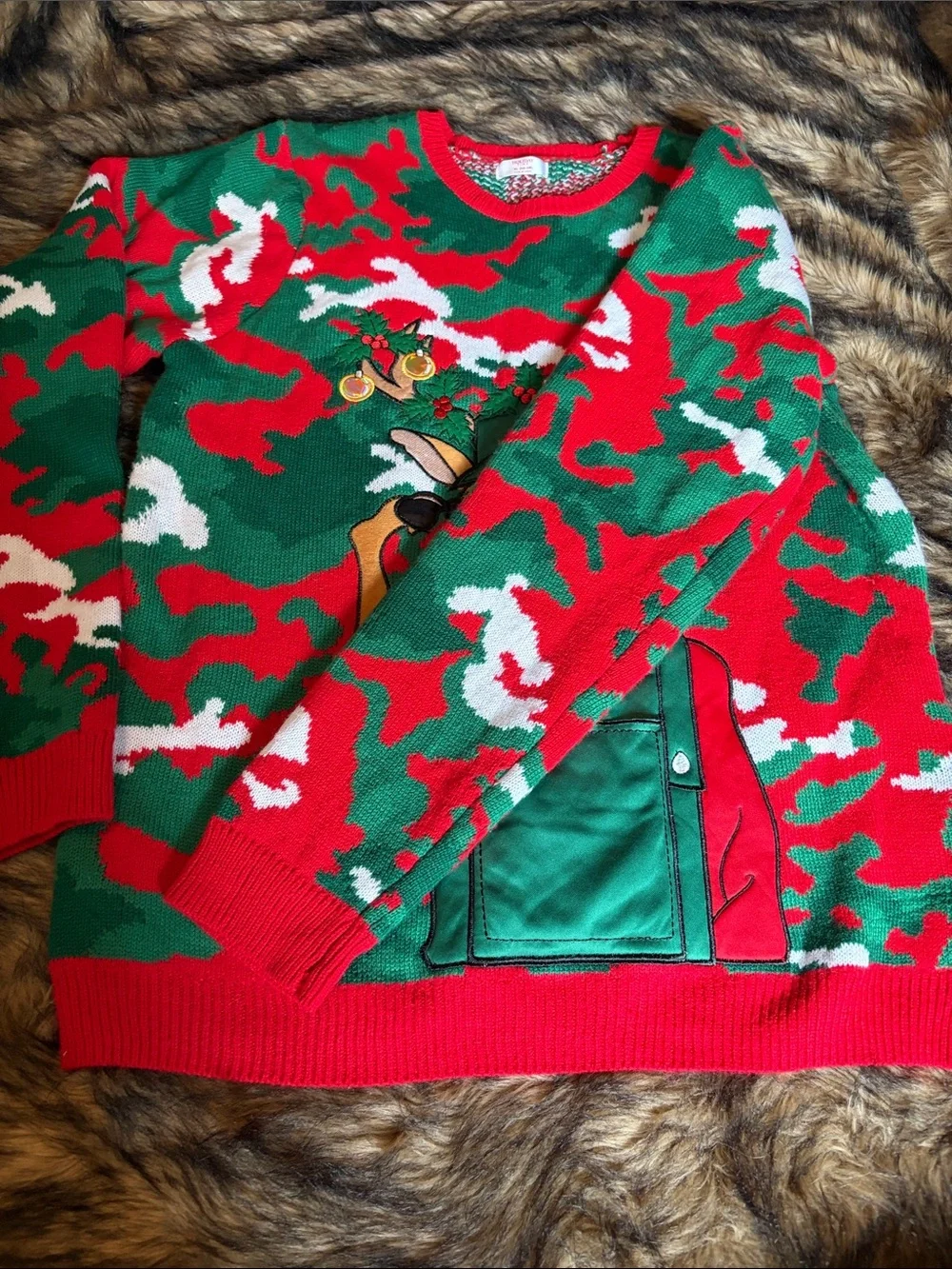 Holiday Time Reindeer Sunglasses Sweater Sz XL (46-48)Ugly Christmas Camo Pocket